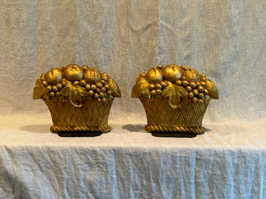 Pair of Beautiful Borghese Gilt Bookends in the Form of Fruit Baskets