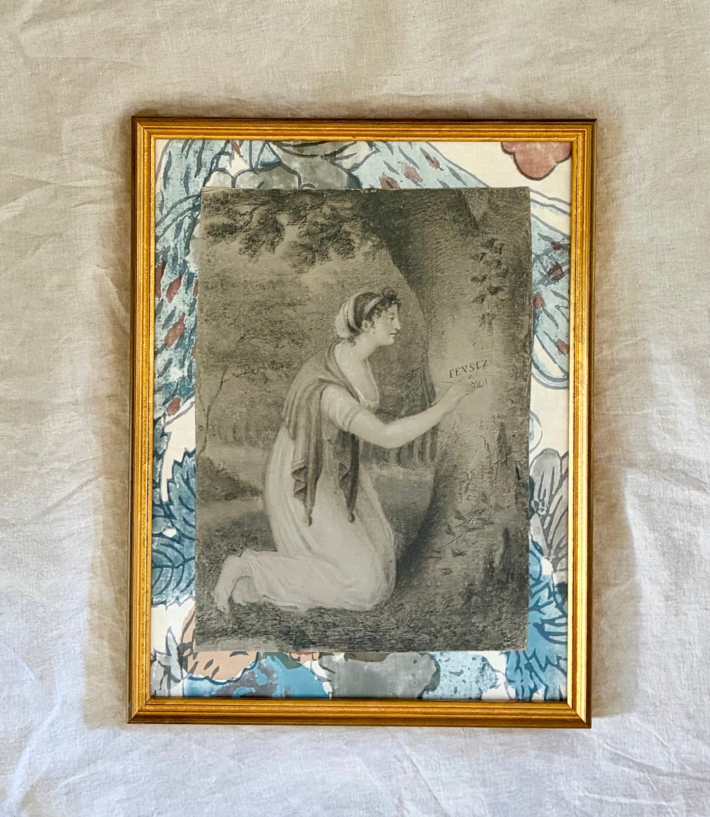 Early 19th Century French Charcoal Drawing “Pense a Moi”