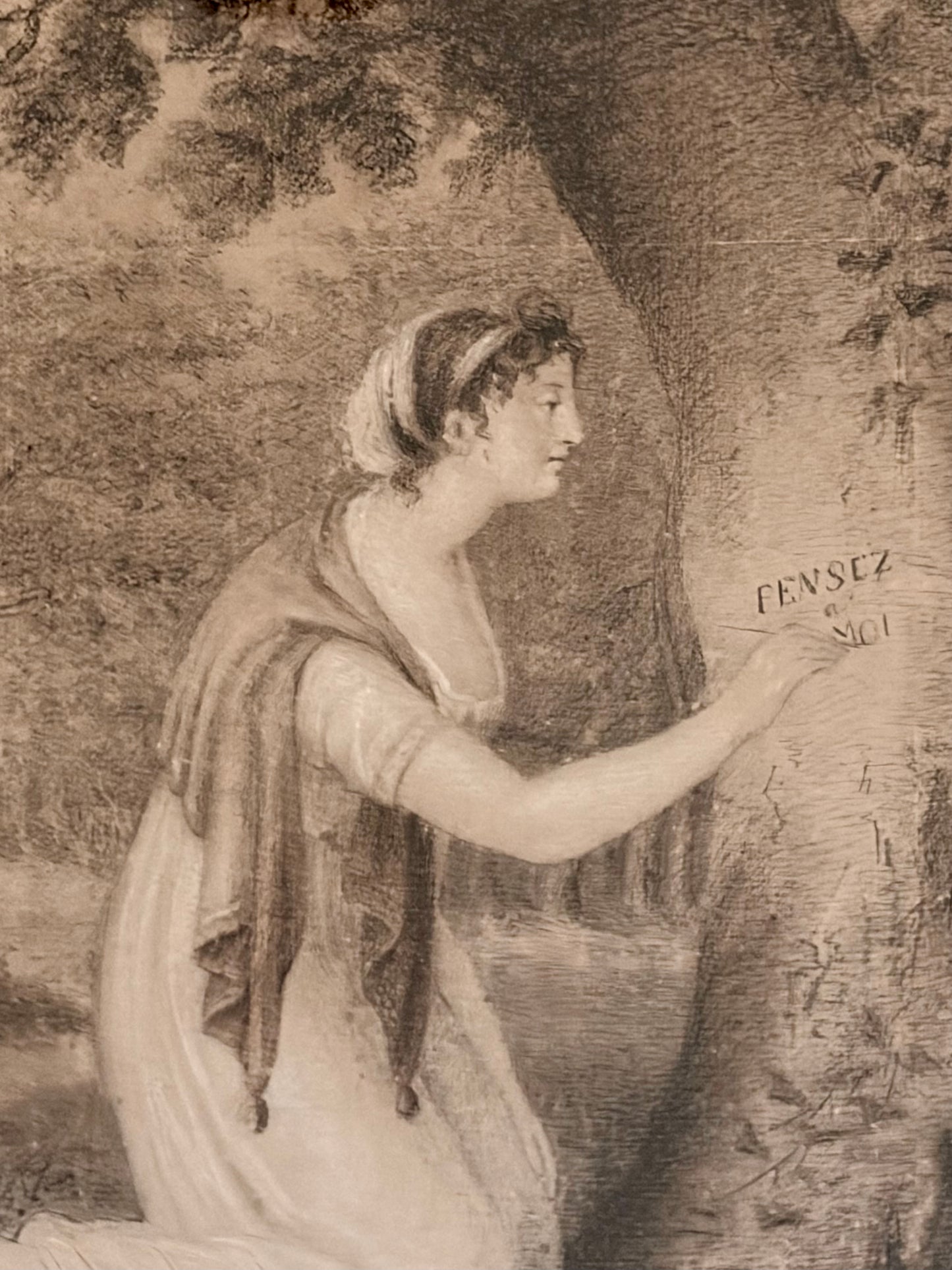 Early 19th Century French Charcoal Drawing “Pense a Moi”