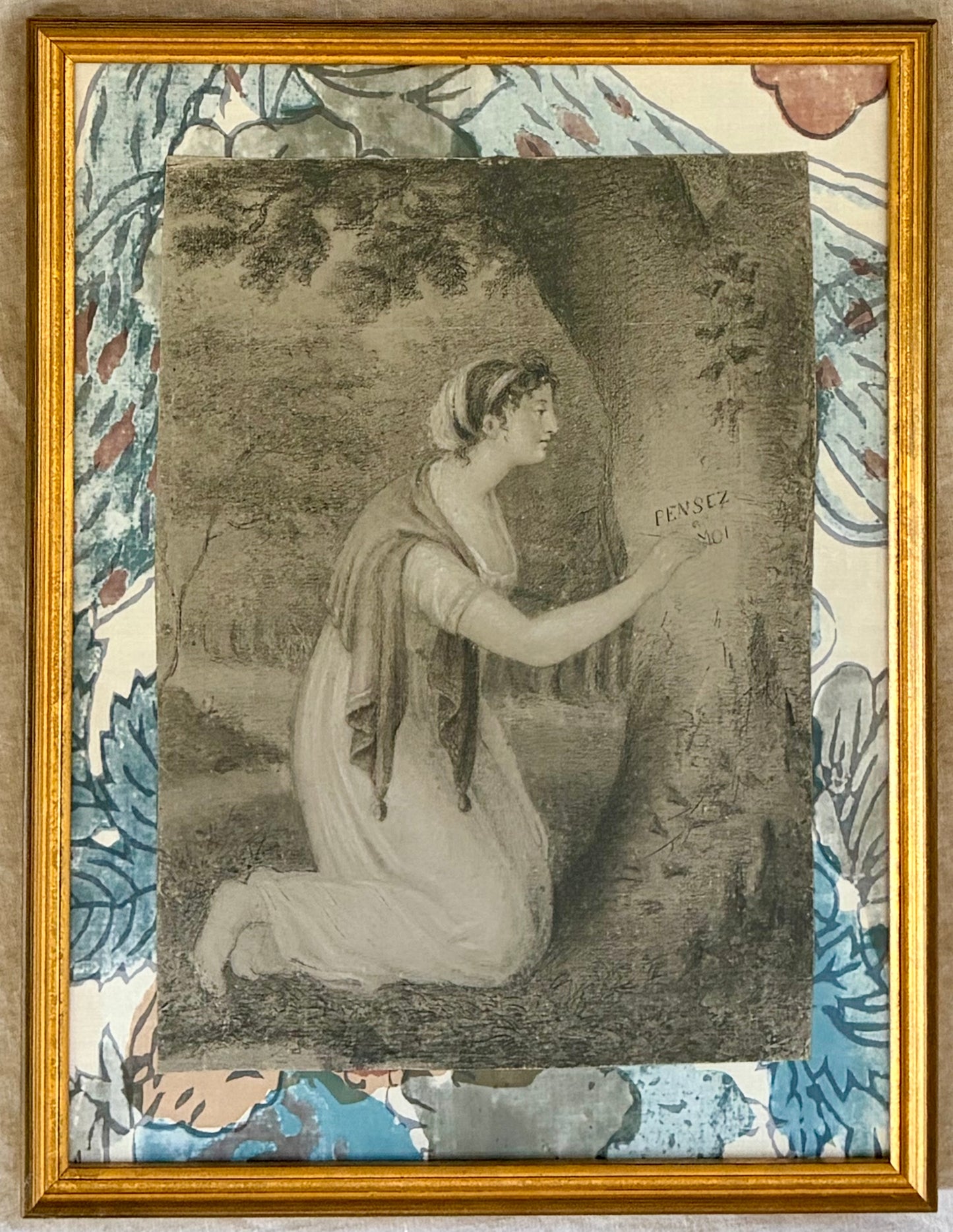 Early 19th Century French Charcoal Drawing “Pense a Moi”