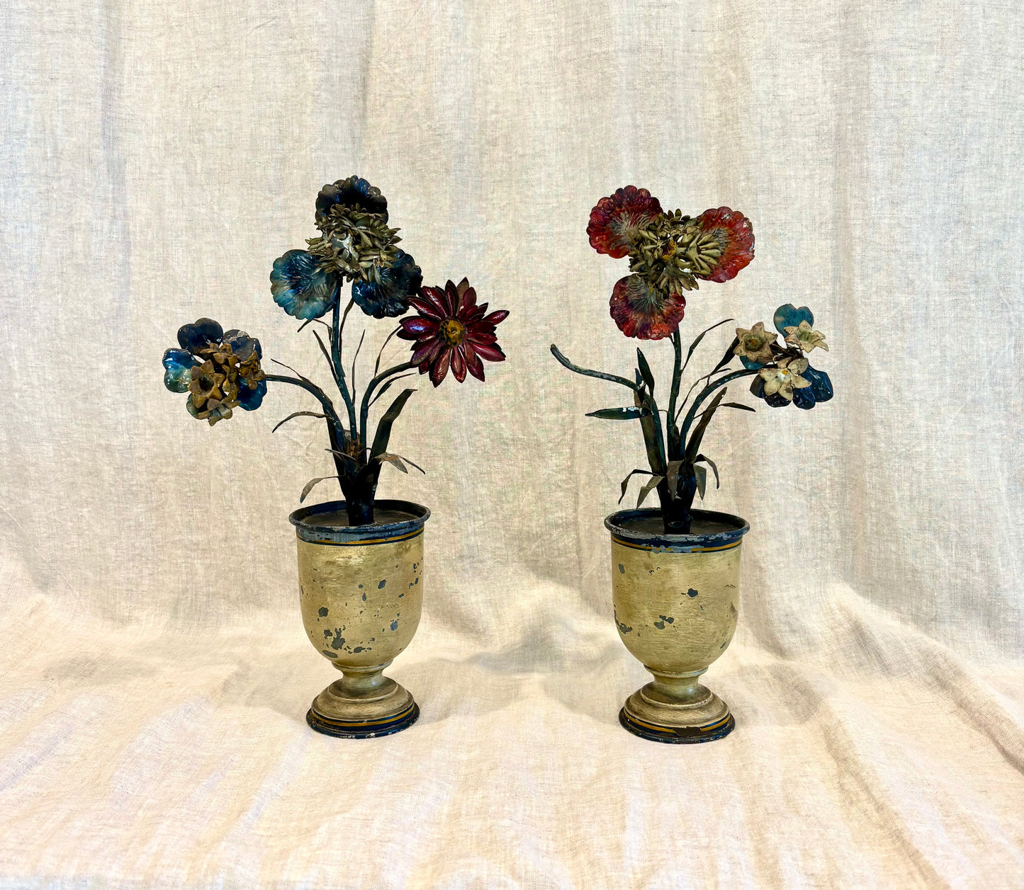 Pair of 19th Century French Tole Flower Bouquets in Urns