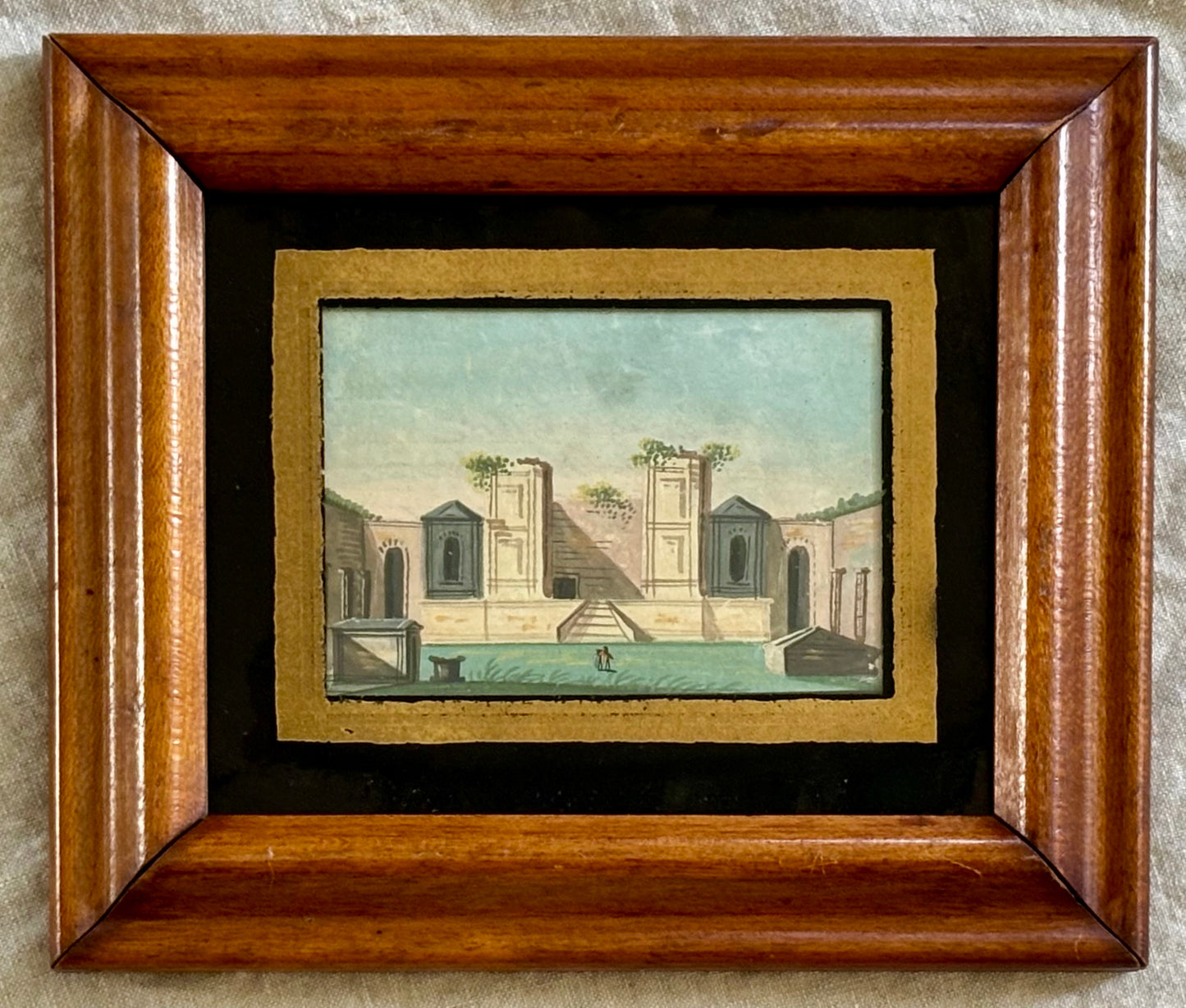 Grand Tour Gouache Painting of a Pompeiian Temple Courtyard Ruin