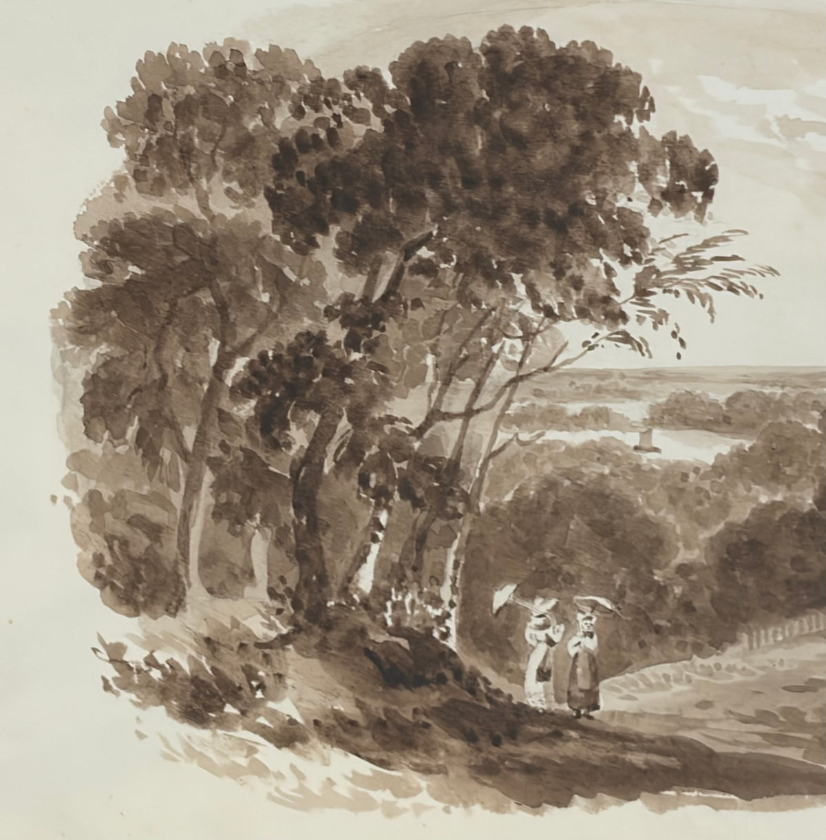 Mid-19th Century Signed English Sepia Landscape with Figures