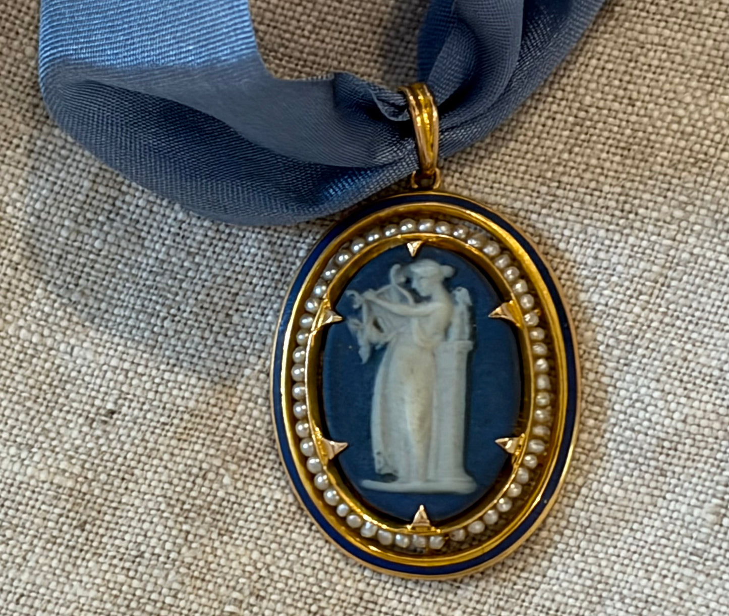 Vintage Wedgwood Pendant in a Gold Filled. Setting with Seed Pearls