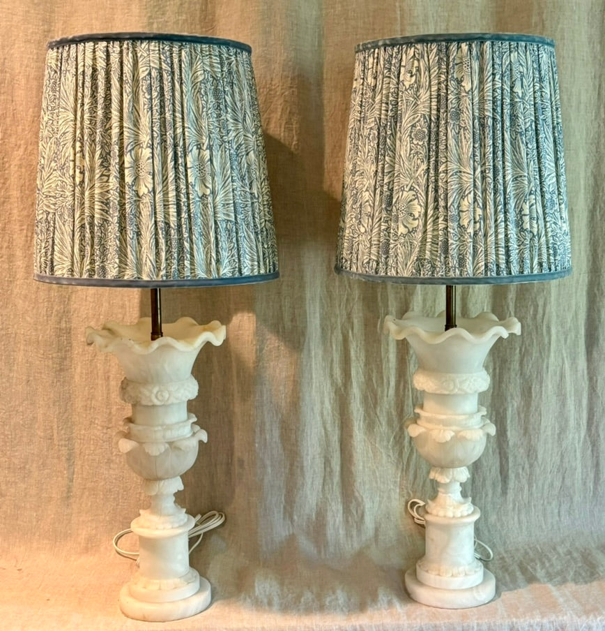 Pair of Alabaster Table Lamps With William Morris Shades