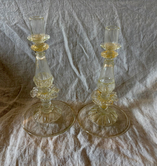 Near Pair of 20th Century Venetian Glass Candlesticks with Gold Flecks