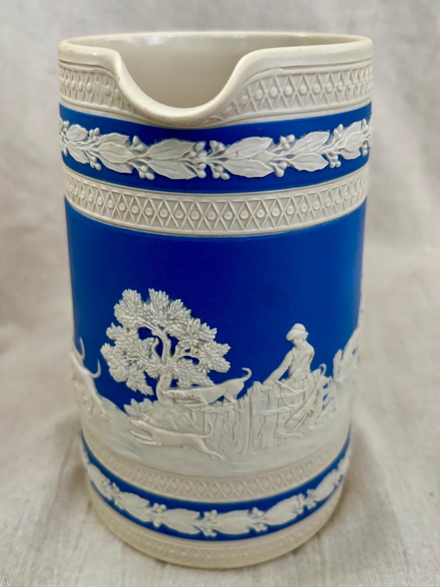 Pair of Late 19th Century Copeland Spode Jasperware Blue Fox Hunt Jugs