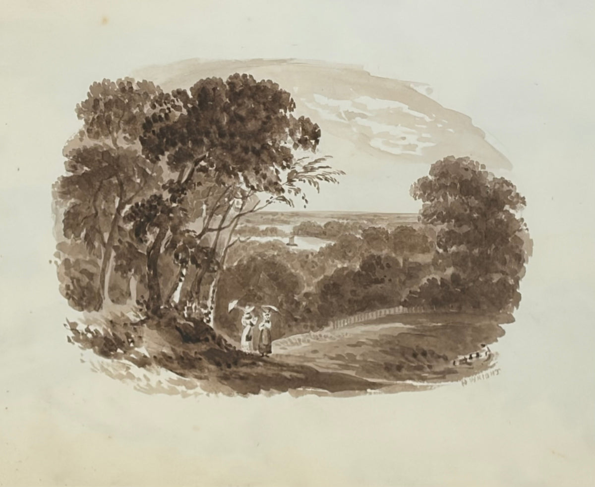 Mid-19th Century Signed English Sepia Landscape with Figures