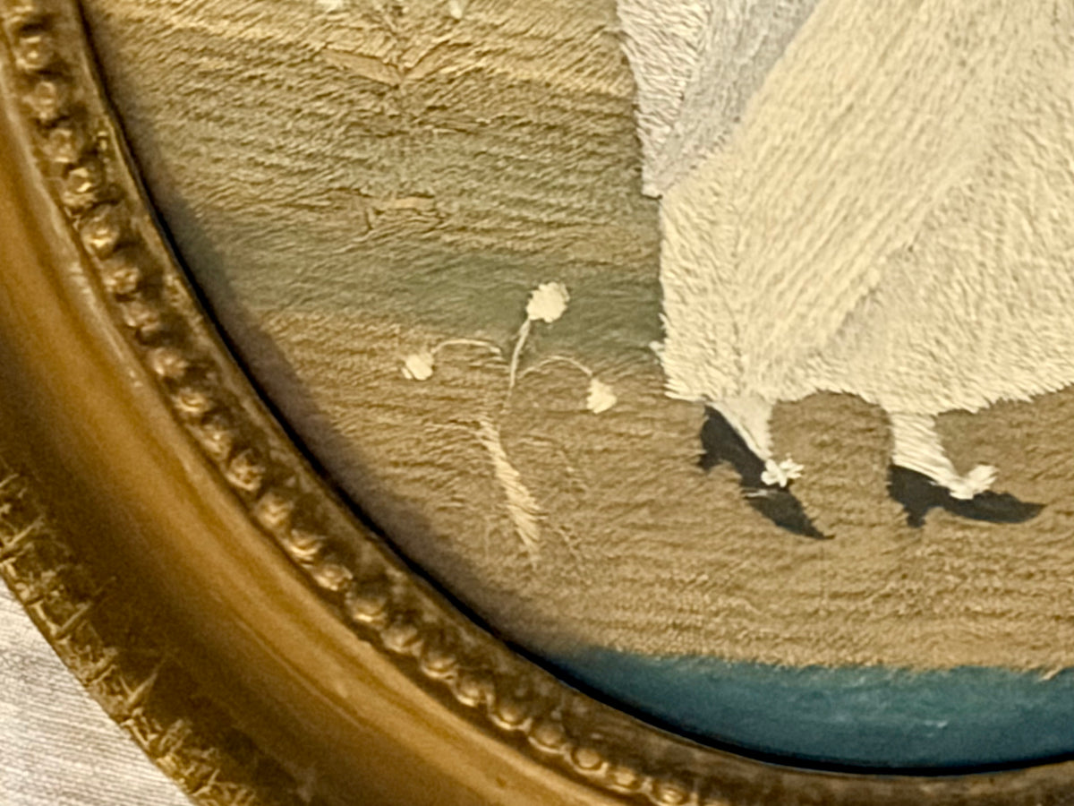 18th Century Silk on Silk Embroidery of a Girl with Rake