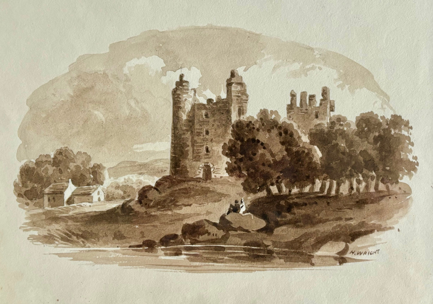 19th Century English Sepia Watercolor of a Castle