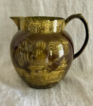 Early 19th Century Portobello or Brown Ware Staffordshire Jug With a Chinoiserie Motif