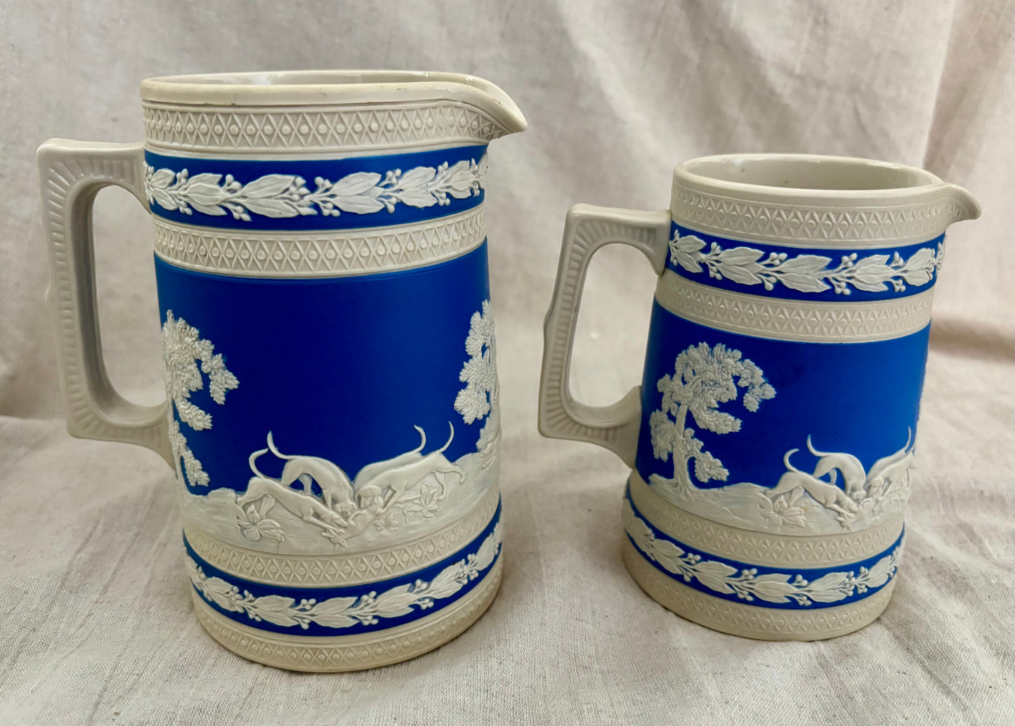 Pair of Late 19th Century Copeland Spode Jasperware Blue Fox Hunt Jugs