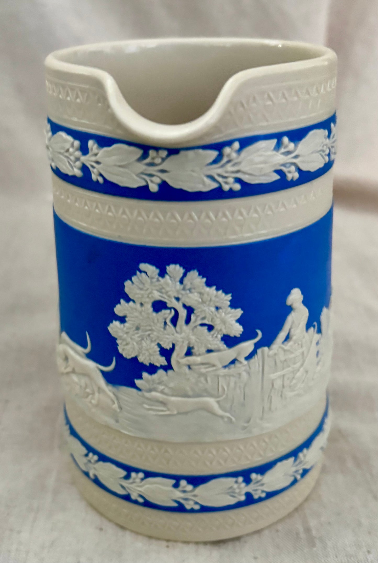 Pair of Late 19th Century Copeland Spode Jasperware Blue Fox Hunt Jugs