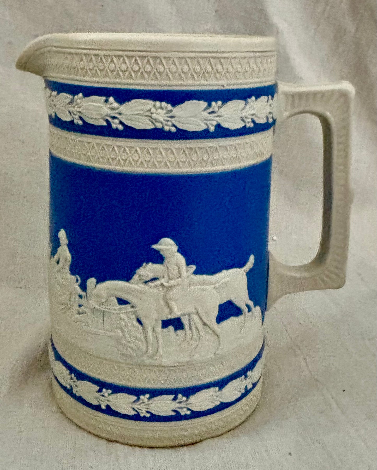 Pair of Late 19th Century Copeland Spode Jasperware Blue Fox Hunt Jugs