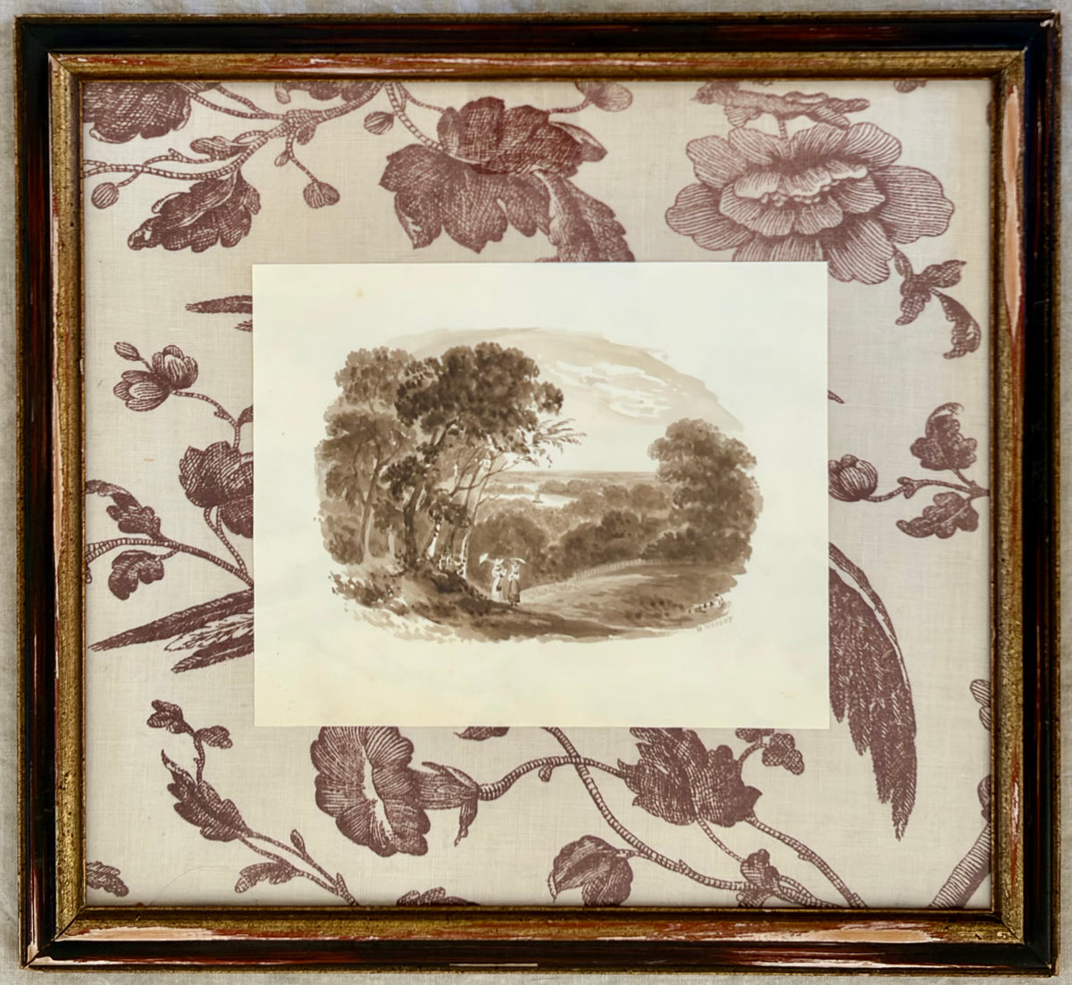 Mid-19th Century Signed English Sepia Landscape with Figures