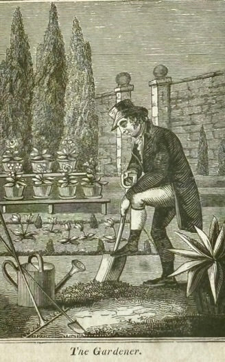 1827 English Woodcut of a Gardener in an Inlaid Frame