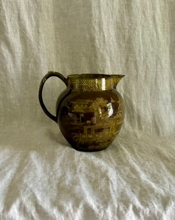 Early 19th Century Portobello or Brown Ware Staffordshire Jug With a Chinoiserie Motif