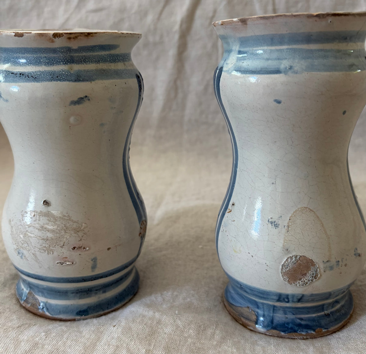 Pair of Southern Italian Maiolica Albarello or Apothecary Jars