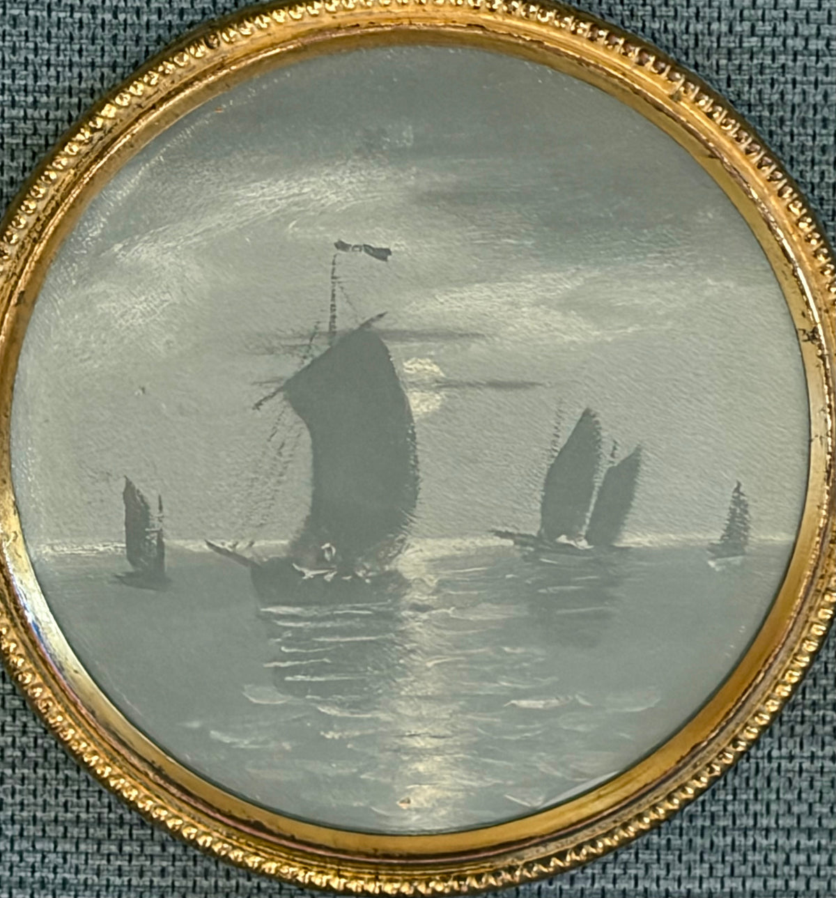 Late Victorian Grisaille Tondo Maritime Painting in Shadowbox