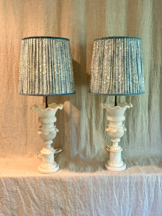 Pair of Alabaster Table Lamps With William Morris Shades