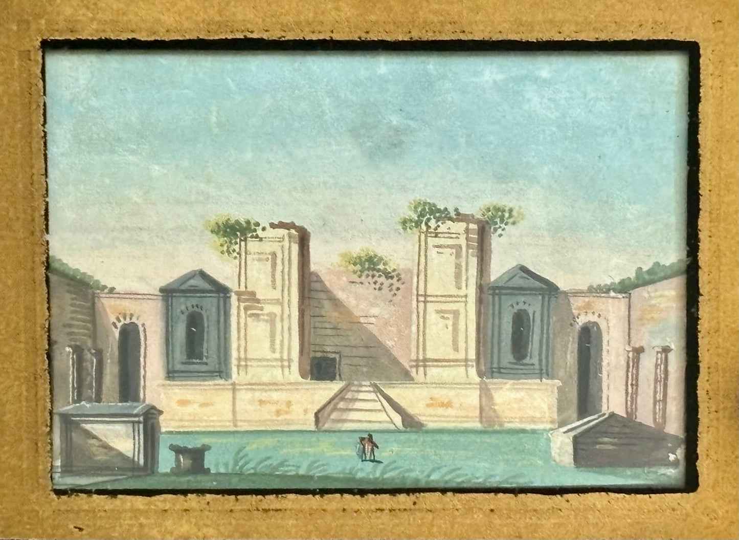 Grand Tour Gouache Painting of a Pompeiian Temple Courtyard Ruin