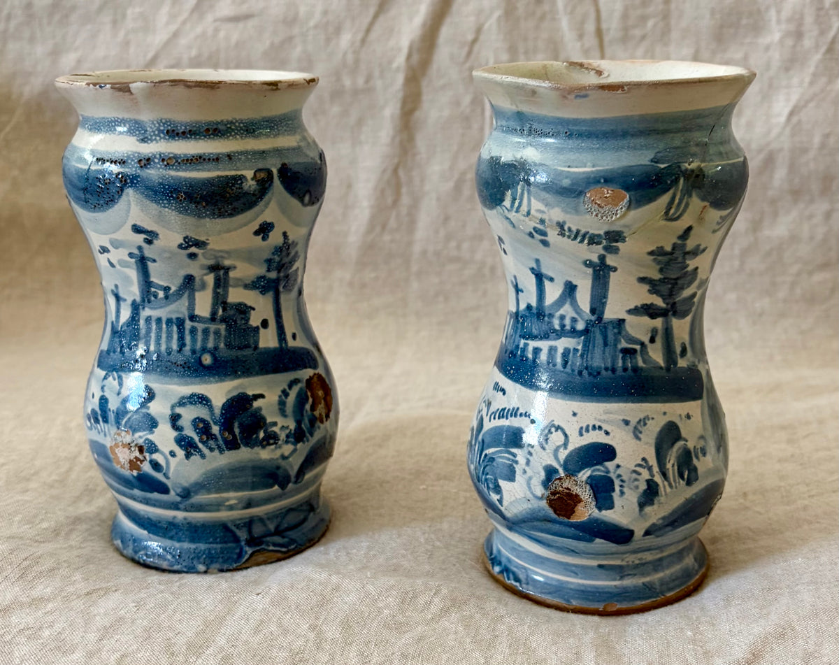 Pair of Southern Italian Maiolica Albarello or Apothecary Jars
