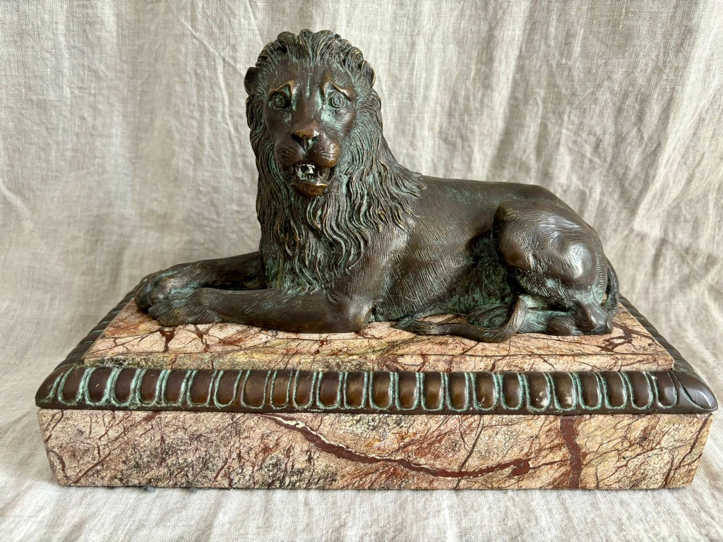 Grand Tour Recumbent Bronze Lion on Veined Marble Base