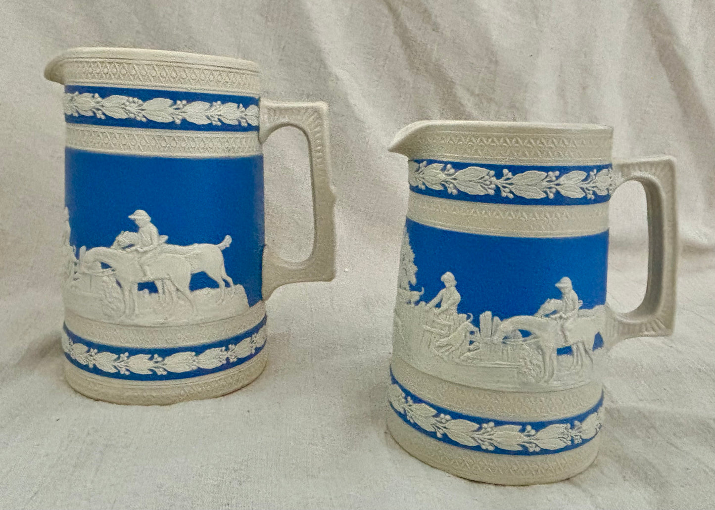 Pair of Late 19th Century Copeland Spode Jasperware Blue Fox Hunt Jugs