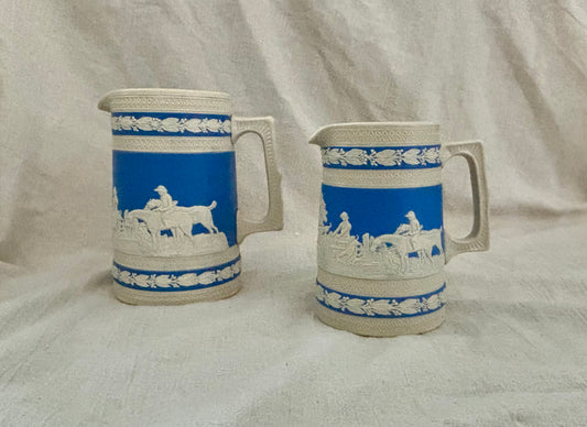 Pair of Late 19th Century Copeland Spode Jasperware Blue Fox Hunt Jugs