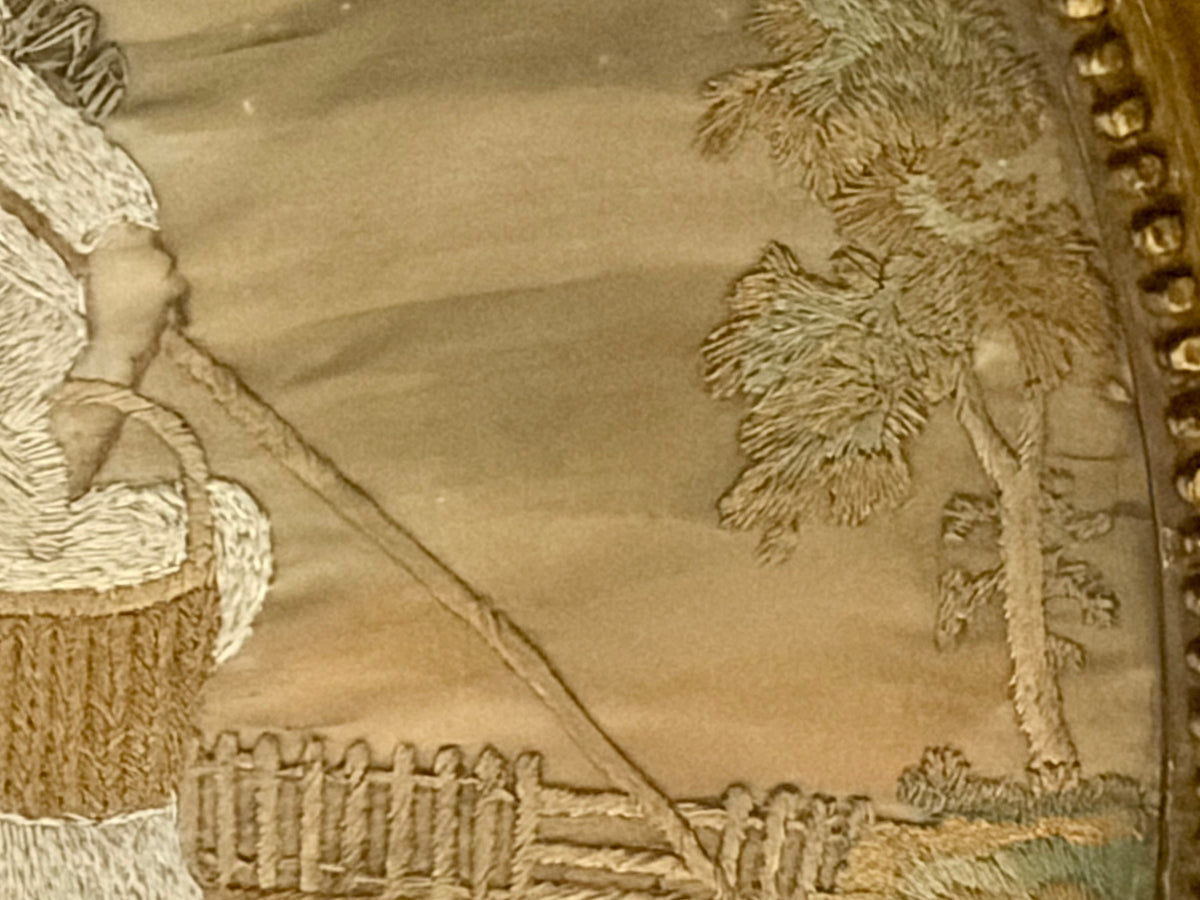 18th Century Silk on Silk Embroidery of a Girl with Rake
