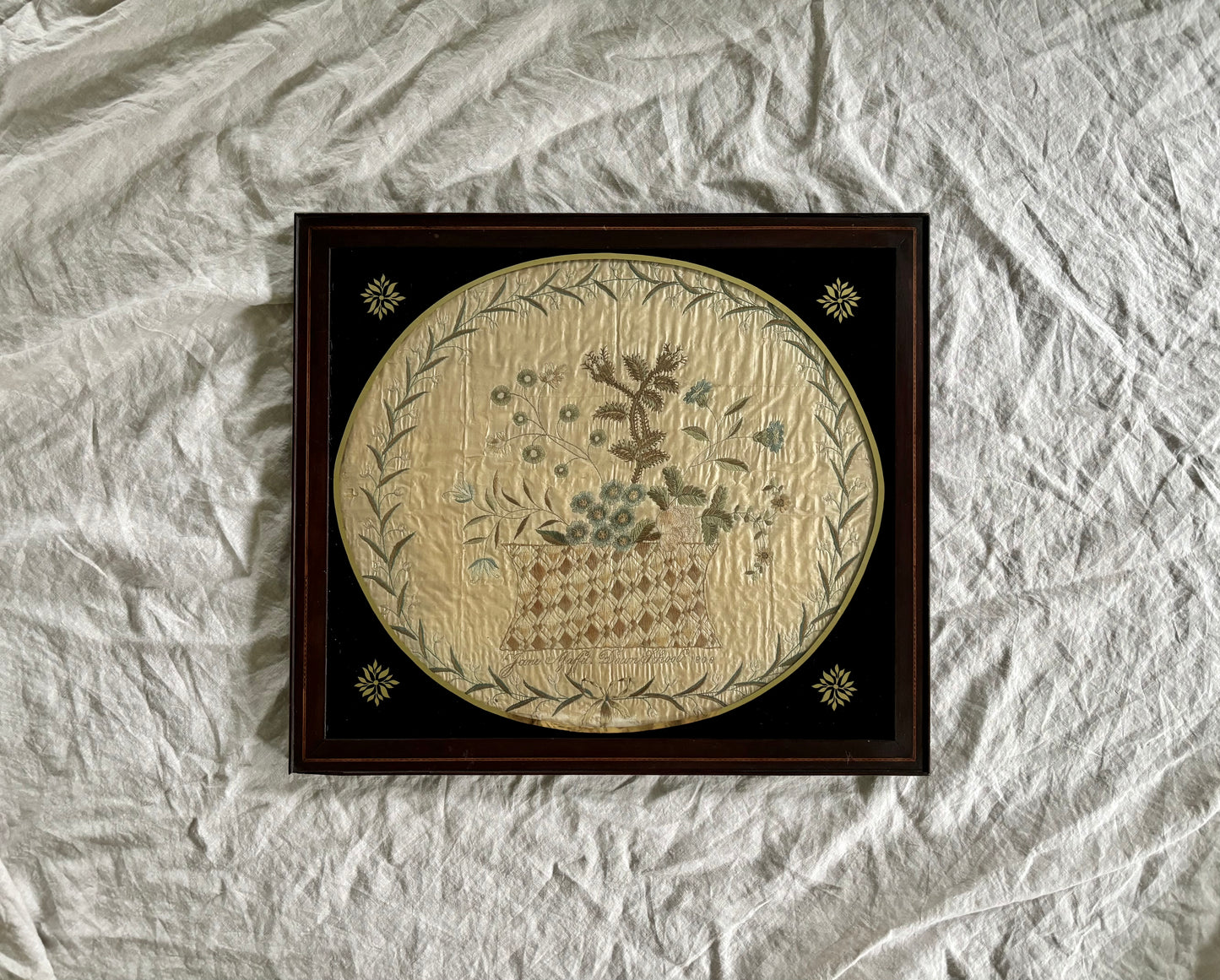 Early 19th Century Silk Embroidery of a Basket of Flowers