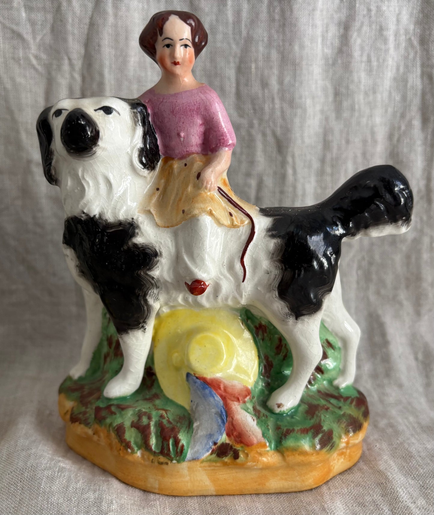 Victorian Pair of Staffordshire Girls Riding Jaunty Dogs