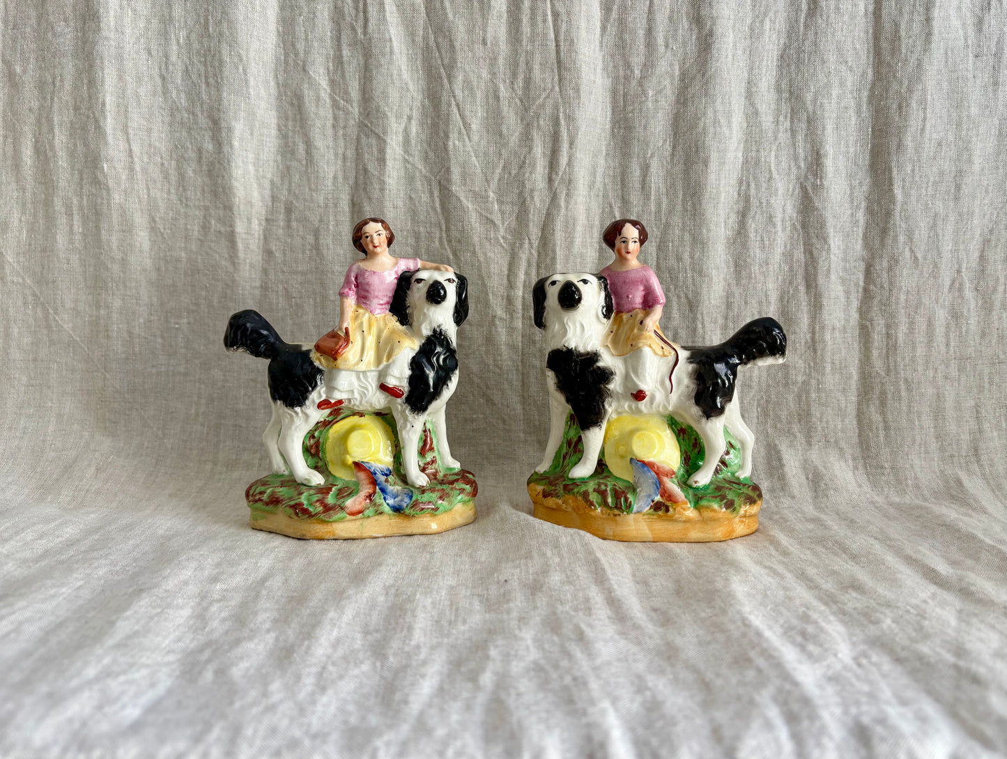 Victorian Pair of Staffordshire Girls Riding Jaunty Dogs