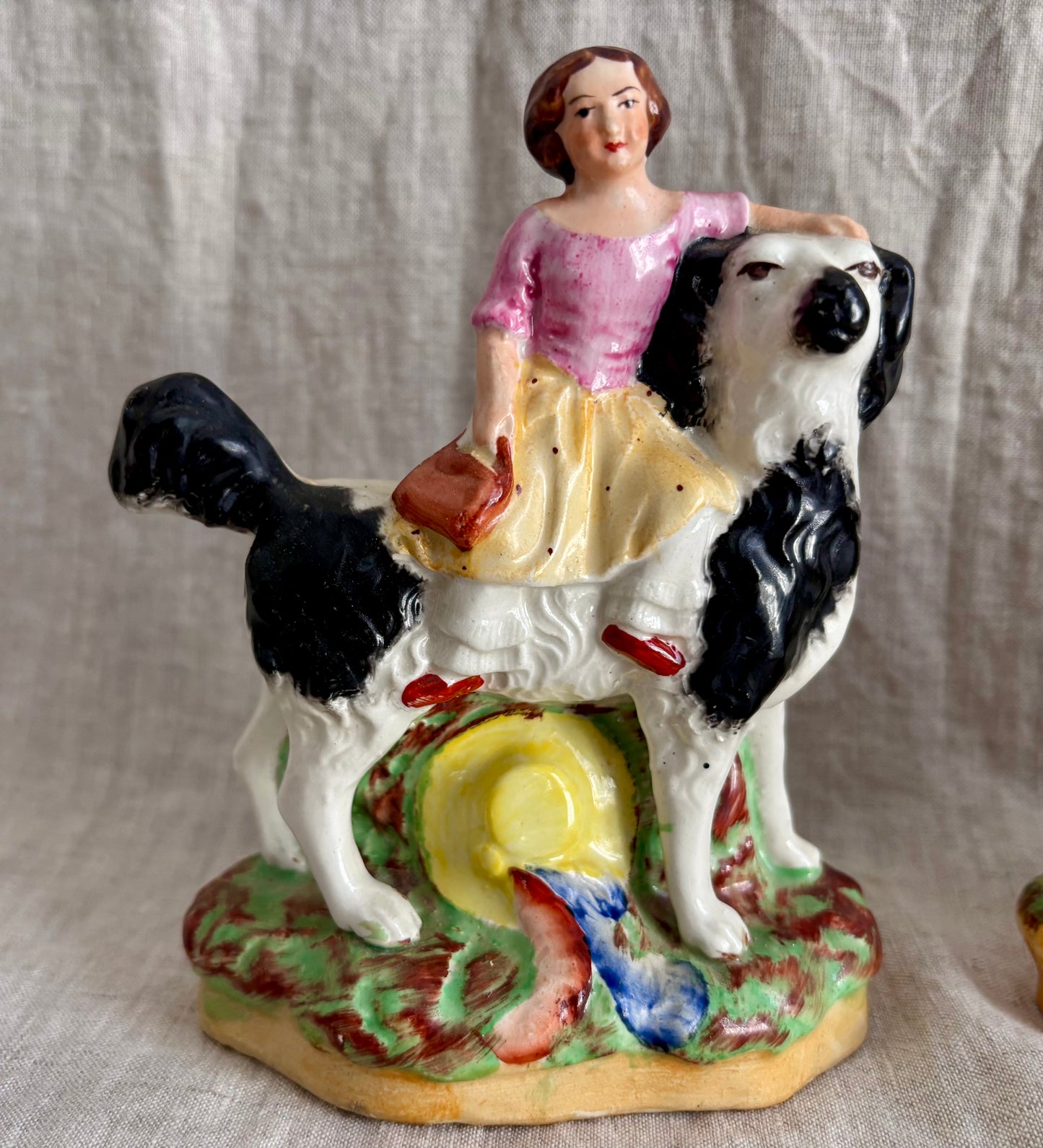 Victorian Pair of Staffordshire Girls Riding Jaunty Dogs