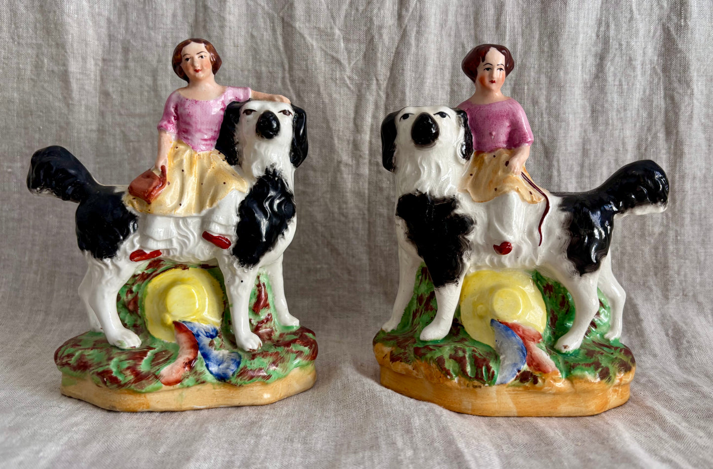 Victorian Pair of Staffordshire Girls Riding Jaunty Dogs