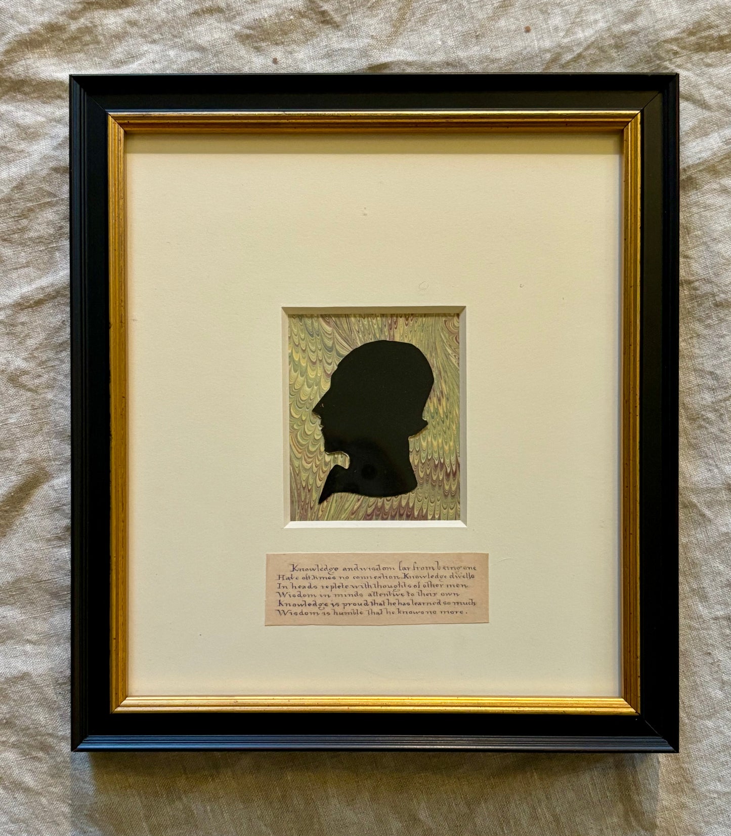 Antique Re-Mounted 19th Century Silhouette With Hand Printed Aphorism