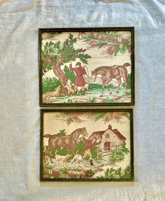 Pair Vintage Framed Toile Fabric Fragments With a Hunt Theme