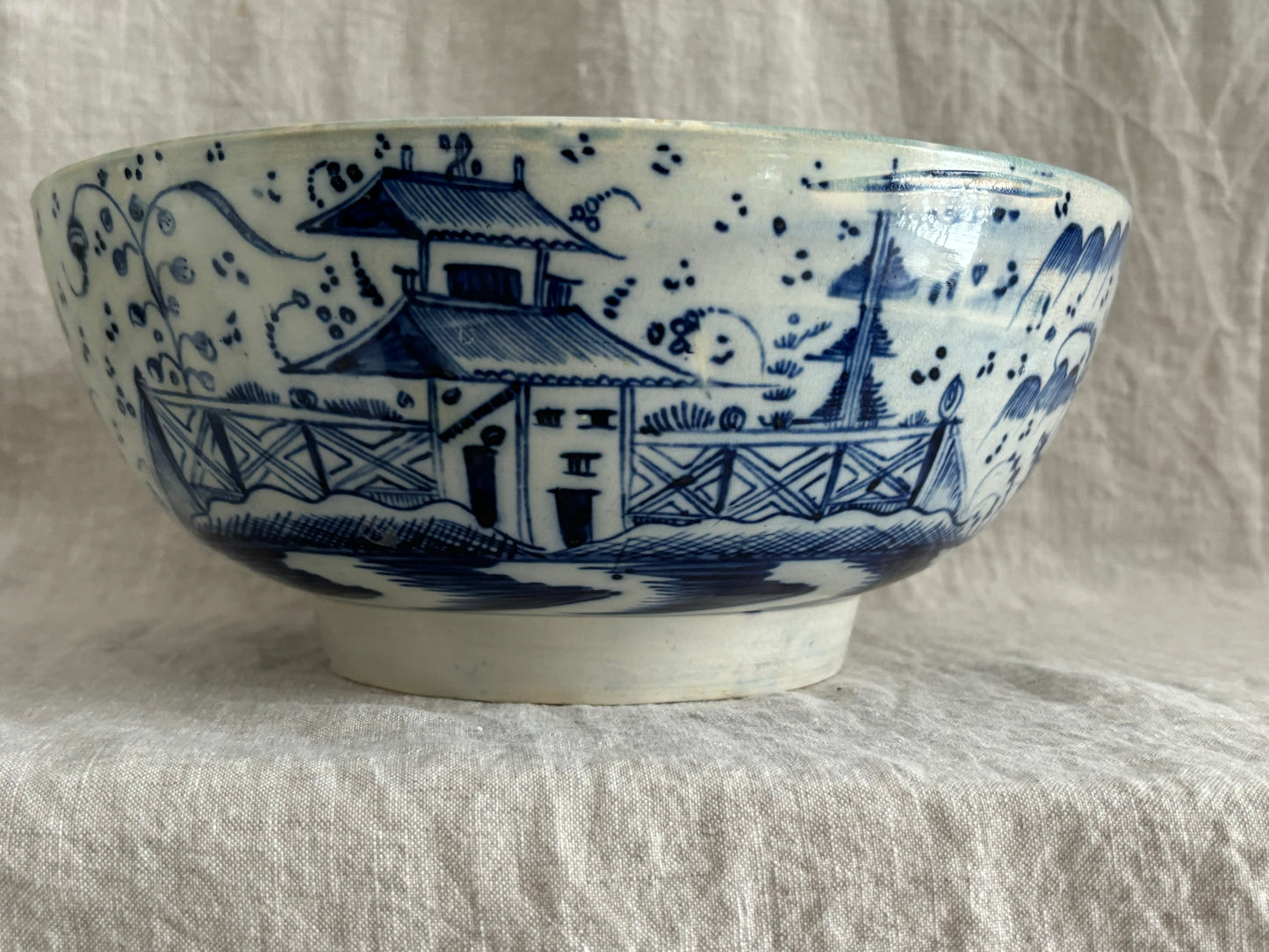 English Pearlware "Chinese Export" Style Blue and White Punch Bowl