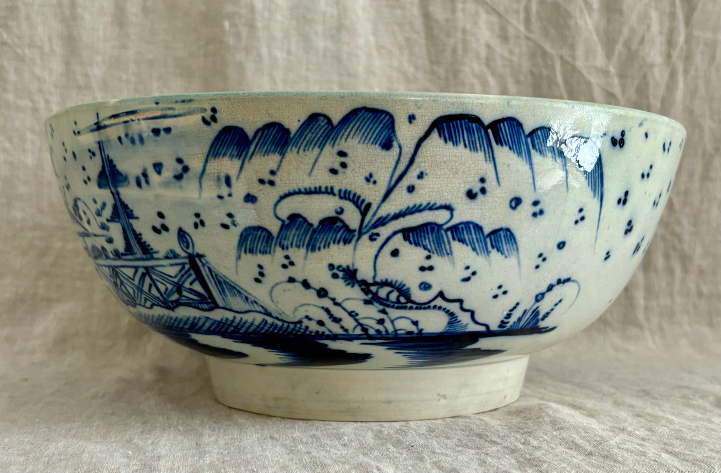 English Pearlware "Chinese Export" Style Blue and White Punch Bowl