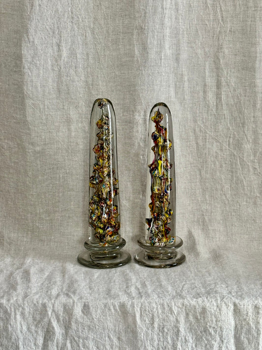 Pair of Sulphur Glass Wig Stands in Obelisk Form