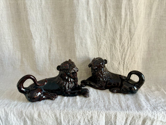 Pair of Magnificent 19th Century Redware Lions