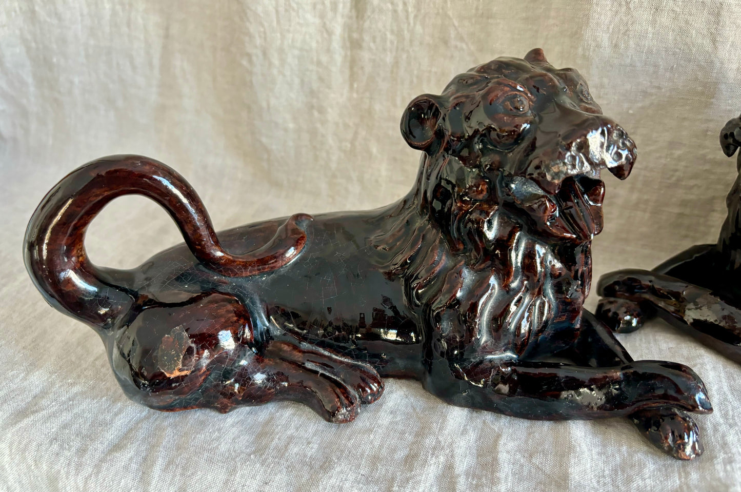 Pair of Magnificent 19th Century Redware Lions