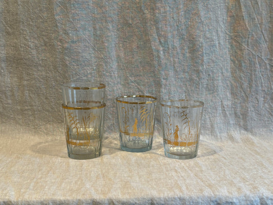 Set of Four Faceted Masonic Glasses with Etched and Gilded Decoration