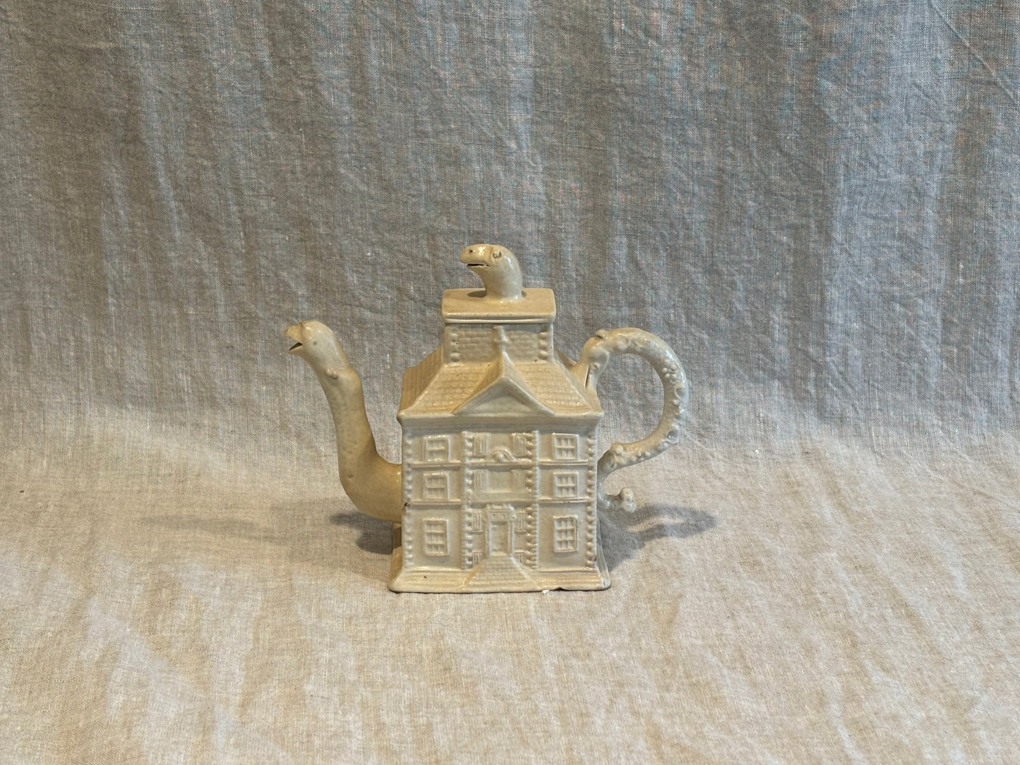 18th Century Staffordshire Saltglaze Teapot in the Form of a Townhouse with Gooseneck Spout