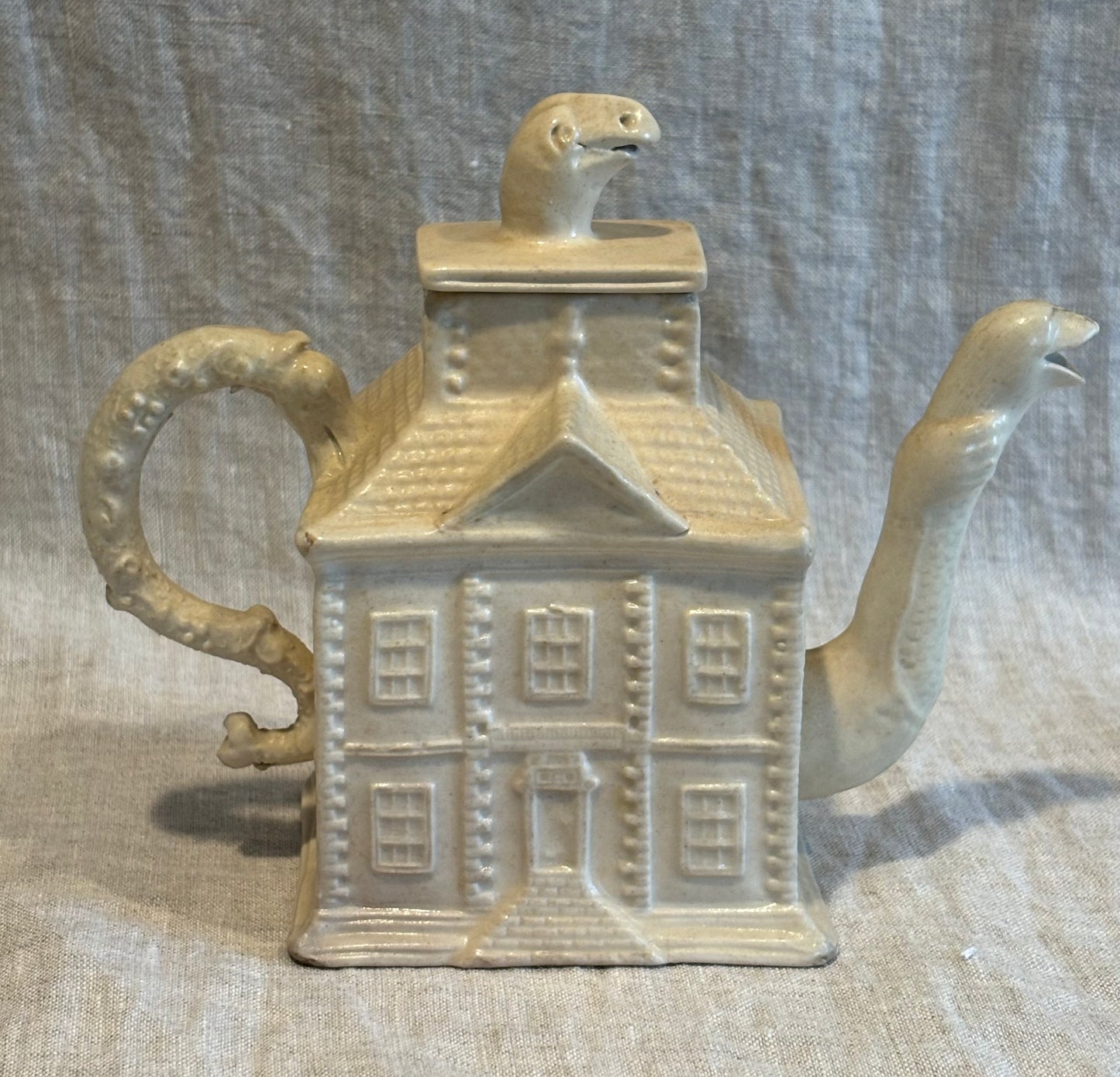 18th Century Staffordshire Saltglaze Teapot in the Form of a Townhouse with Gooseneck Spout