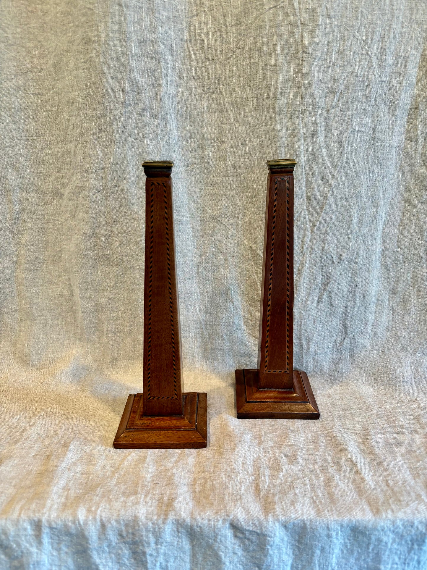 Pair of 19th Century Grand Tour Style Marquetry Obelisk Candlesticks