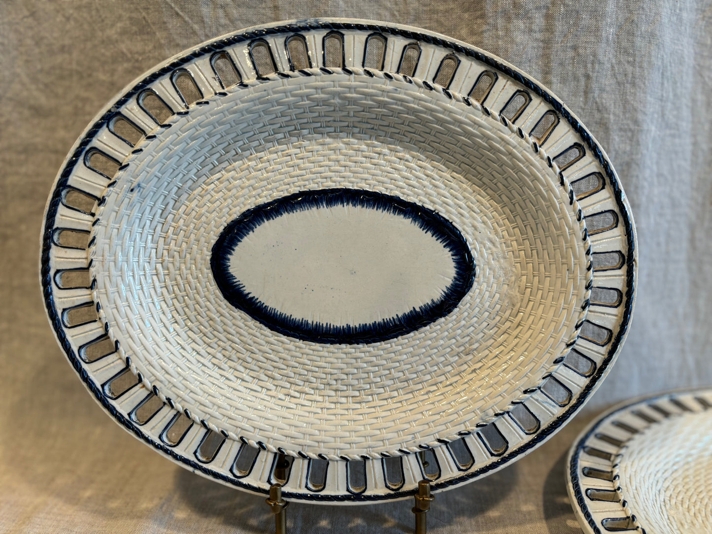 Pair of Early 19th Century Pearlware Chestnut Platters With Shell Reticulated Borders