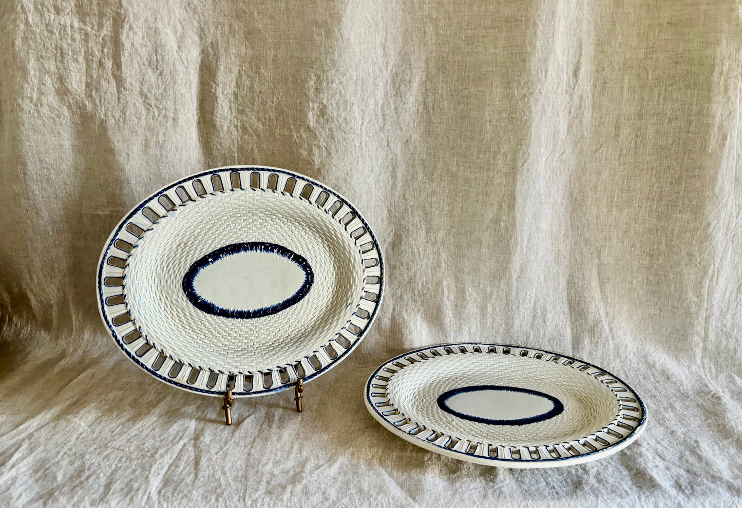 Pair of Early 19th Century Pearlware Chestnut Platters With Shell Reticulated Borders