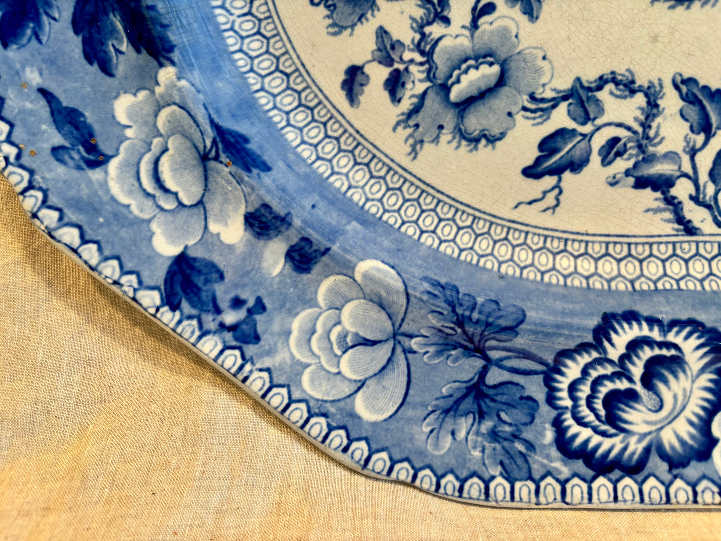 Very Large 1825 Blue and White Riley ‘Peonies Mosaic’ Pearlware Platter